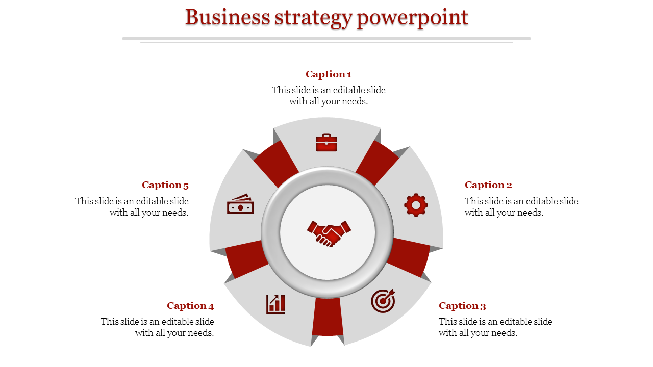 Business strategy slide with a five-section circular design, each with an icon, and a handshake graphic in the center.