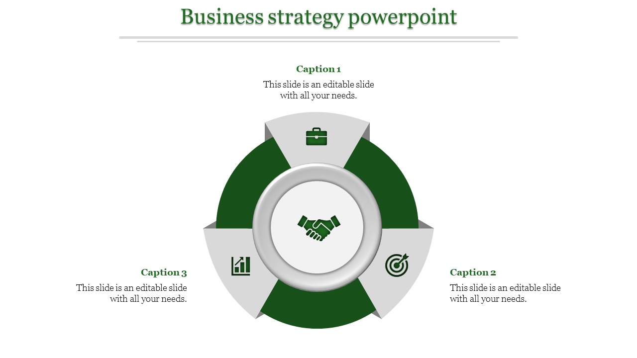 Circular business strategy diagram with a handshake icon in the center and three green and gray segments.