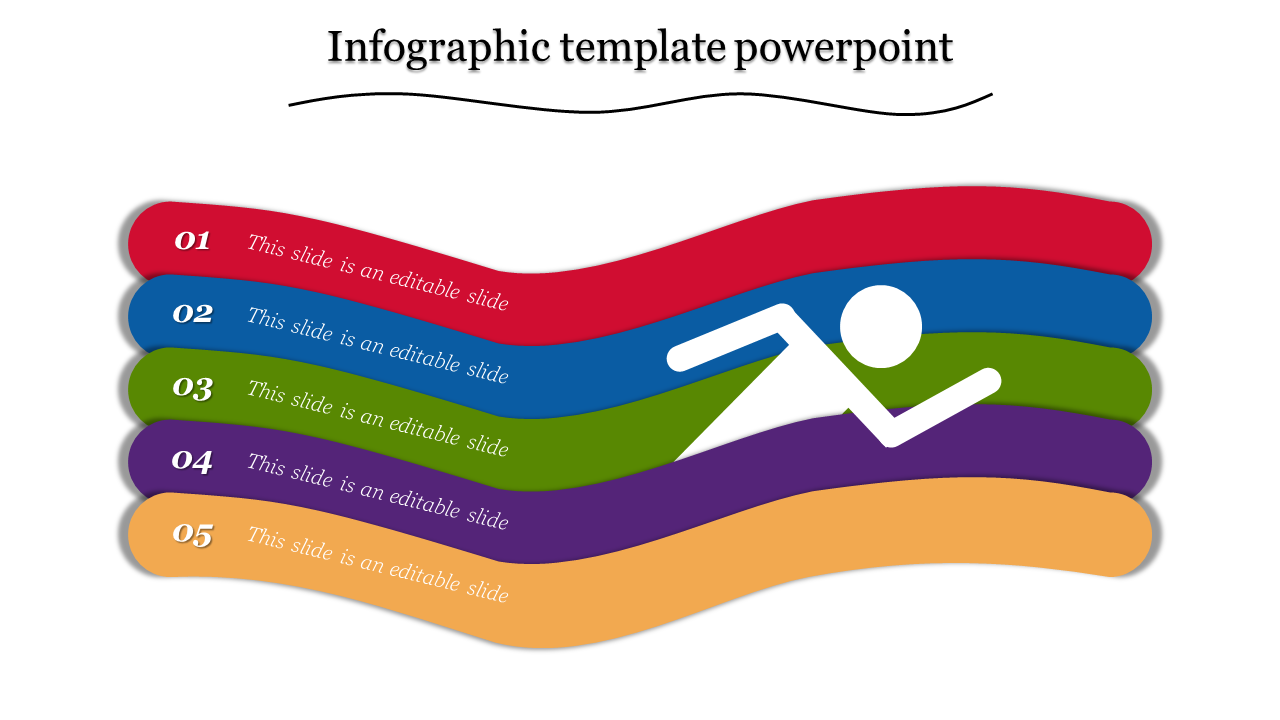 Multicolored infographic template with wavy bands in red, blue, green, purple, and orange featuring a white swimmer icon.