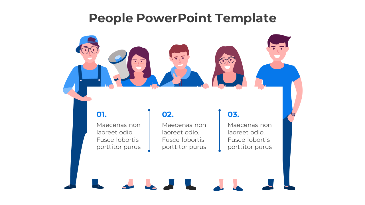 People template featuring five illustrated characters holding a white banner with three numbered text sections.