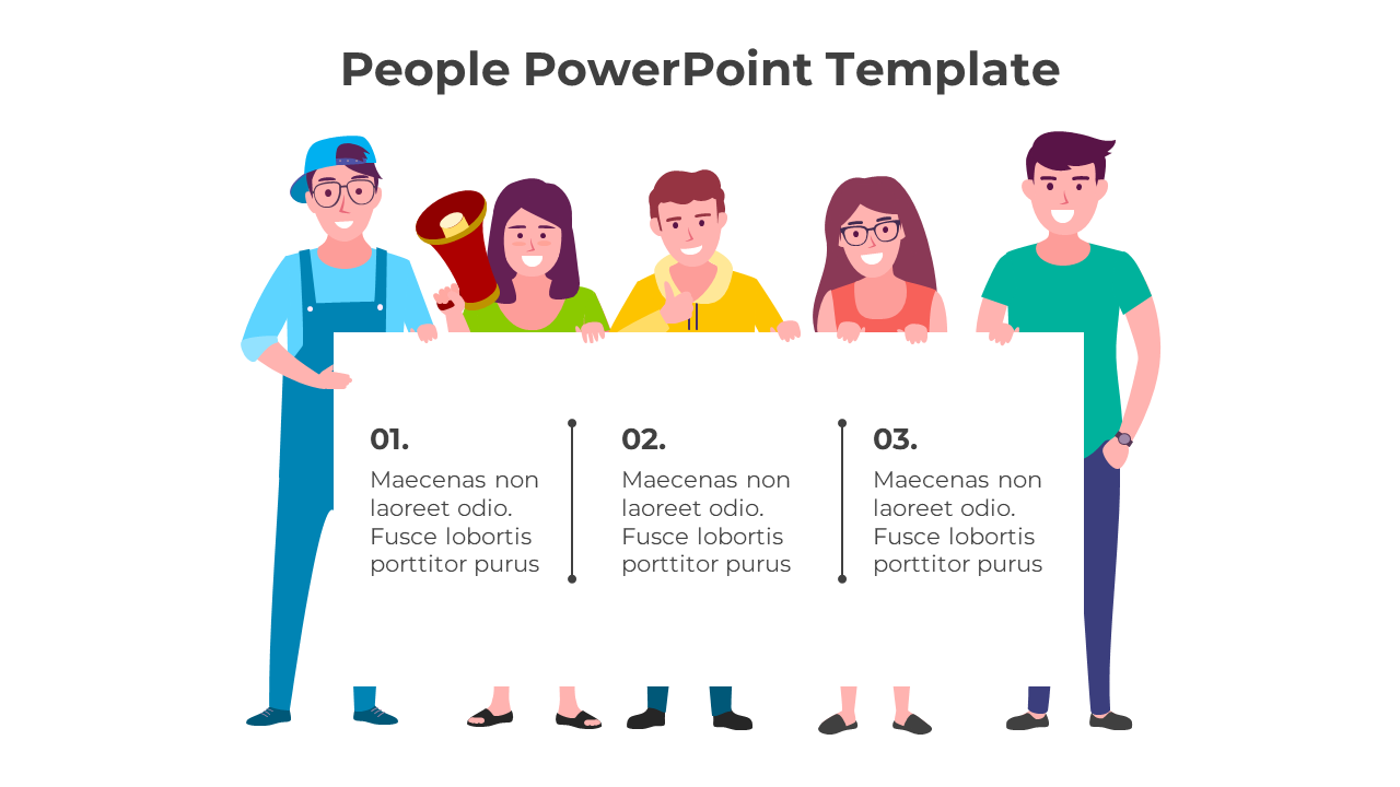 People themed template showing five illustrated characters supporting a large whiteboard with three text areas.