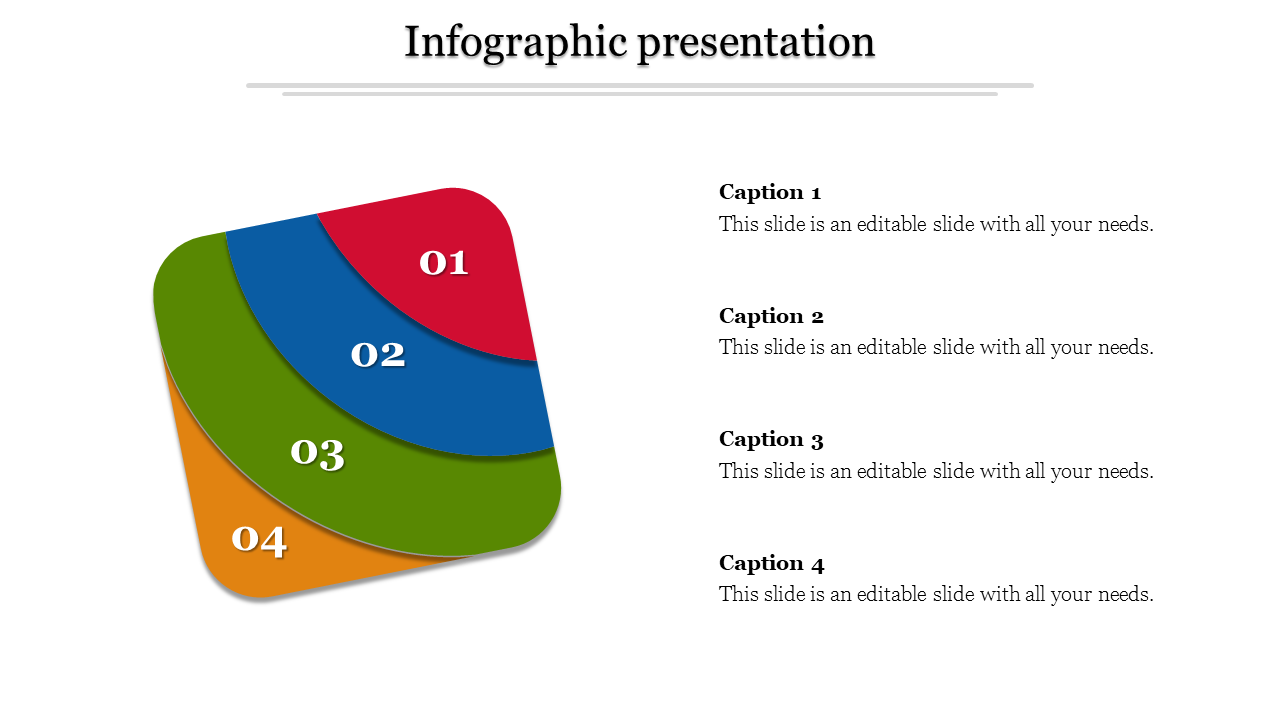 Stacked curved layers in red, blue, green, and orange on a tilted square shape, with corresponding captions on the right.