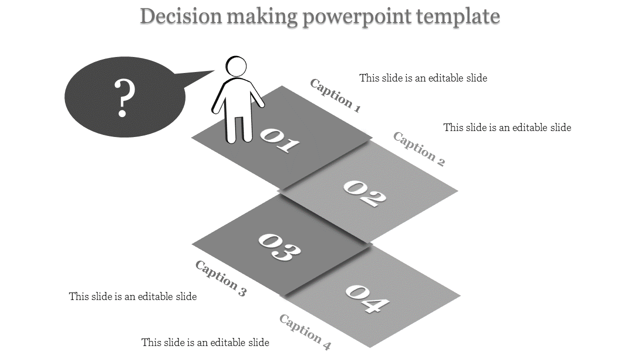 A decision making PowerPoint template featuring steps and a question mark with placeholder text.