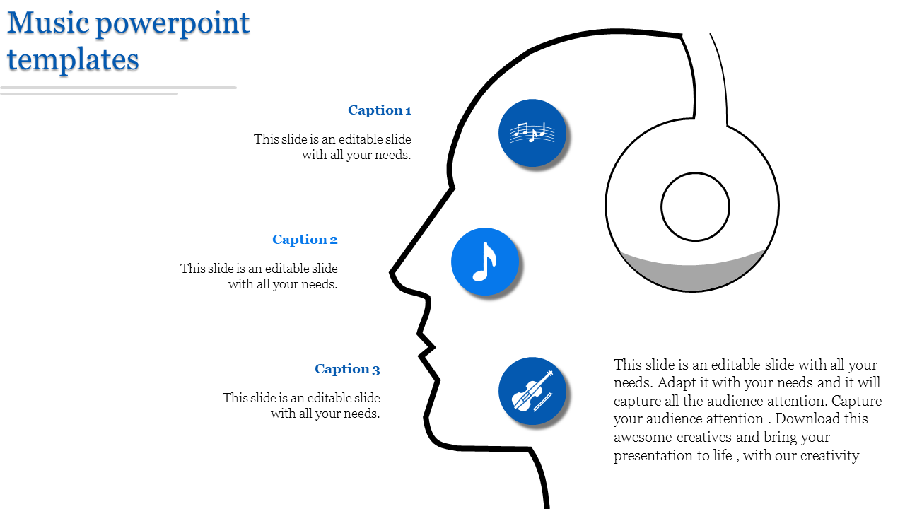 Creative music slide with a headphone graphic, silhouette outline, and caption areas with music icons.