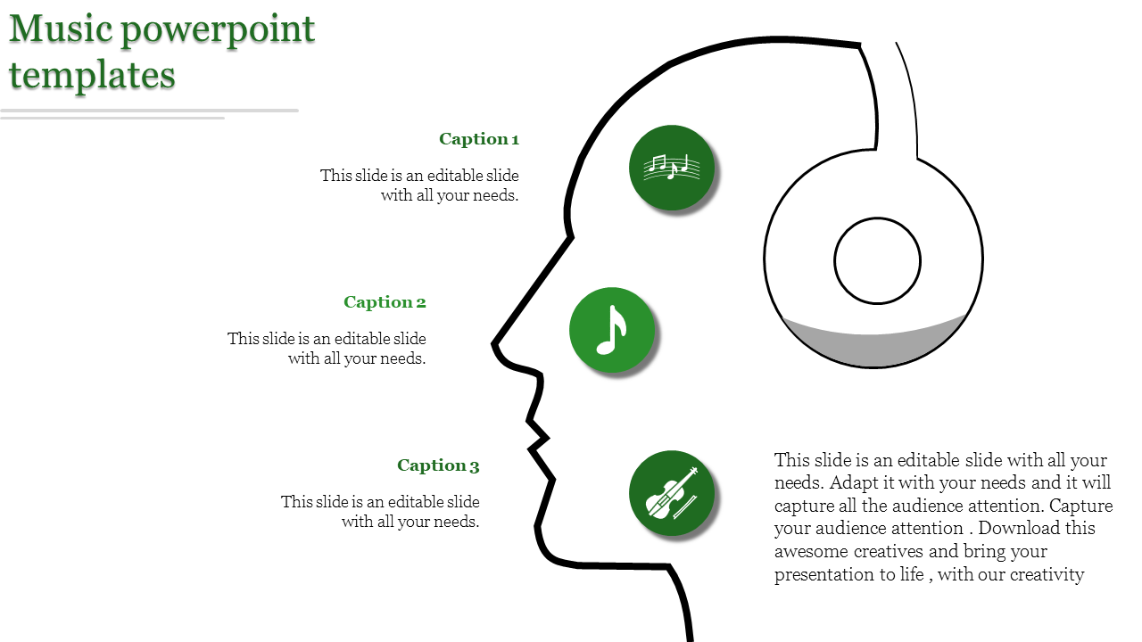 Outline of a head with three green icons, including notes and instruments, representing a music themed layout.