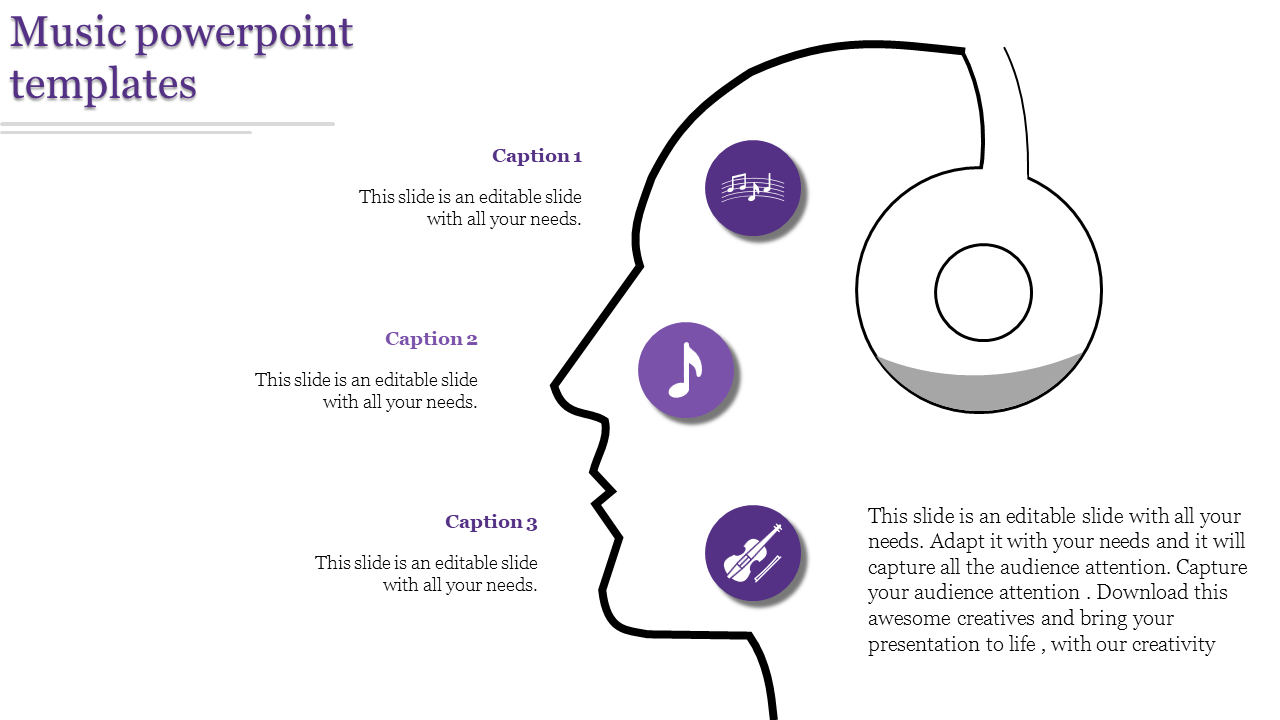 Music themed infographic showing a black outline of a human head wearing headphones, with three purple music icons inside.