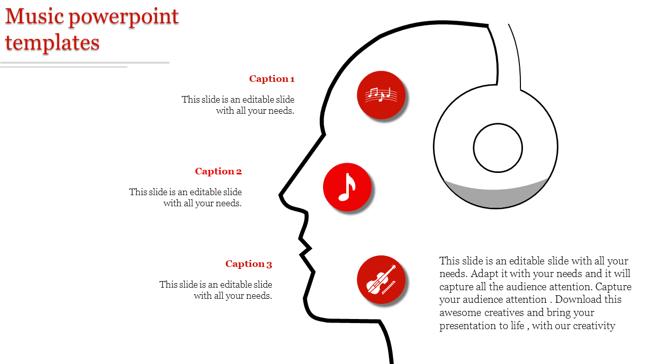 Outline of a head with black headphones, three red circular icons showing music symbols, and text areas.