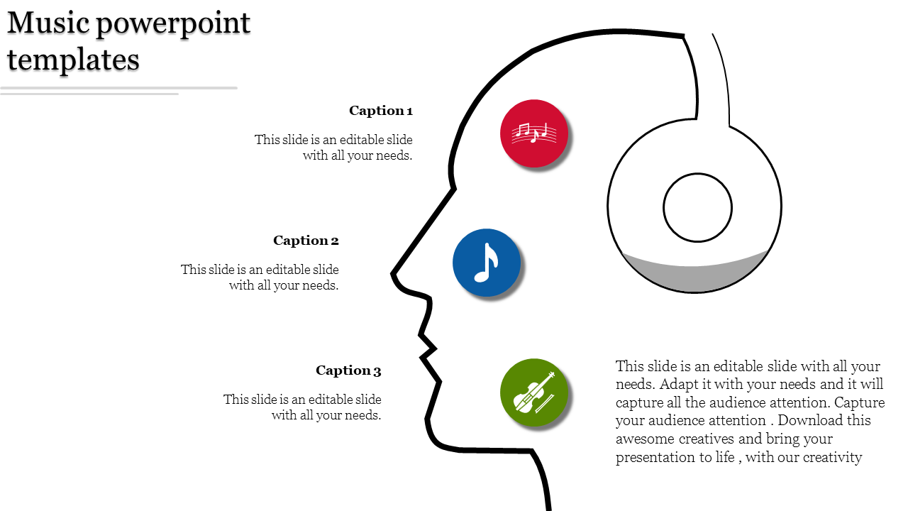 Music themed PowerPoint template featuring a silhouette with headphones and musical icons and captions.