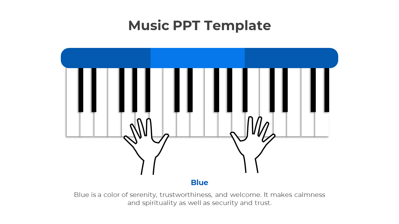 Illustration of piano keys with a blue bar and two simple hand outlines on a clean white background.