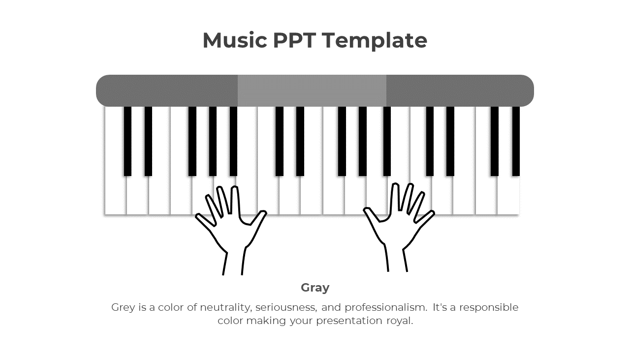 Piano keyboard graphic with two hands positioned over the keys, part of a music-themed template.