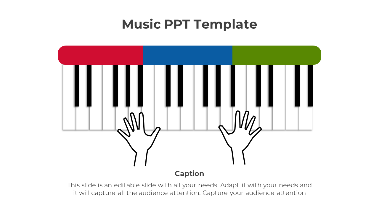 Music PowerPoint template with piano keys, colorful top bars, and hands playing with captions.