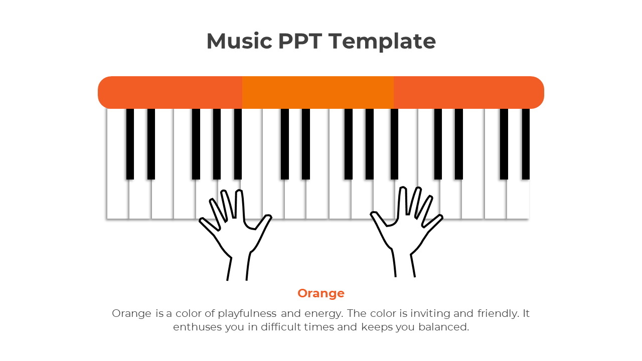 Illustration of piano keys with two hands and an orange bar above them, paired with text  below, on a white background.