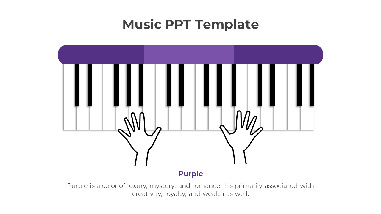 Music PowerPoint template with a piano keyboard and hands, featuring purple color with placeholder text.