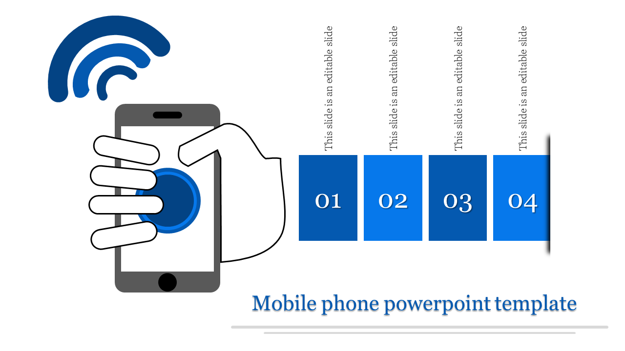 Illustration of a hand holding a mobile phone with blue icons, signal waves, and four numbered boxes on a white background.