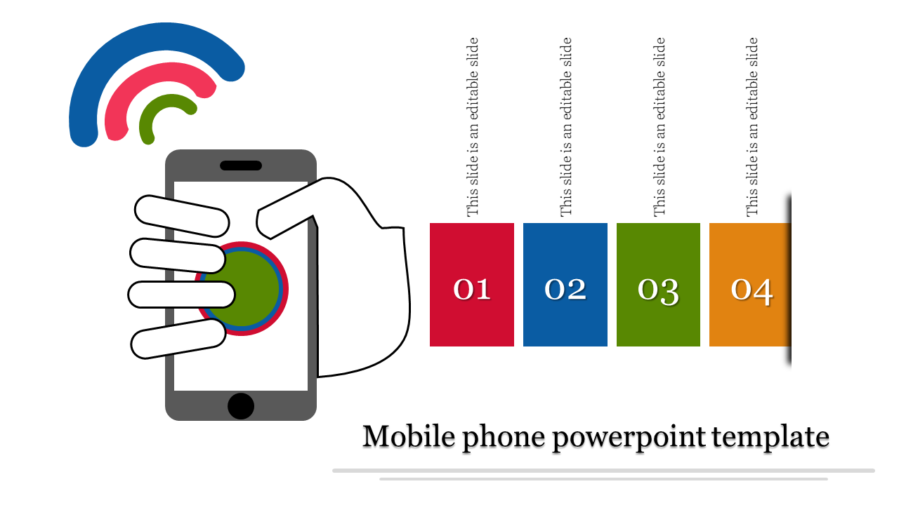 Illustration of a hand holding a phone with colorful signal waves and four numbered boxes in red, blue, green, and orange.