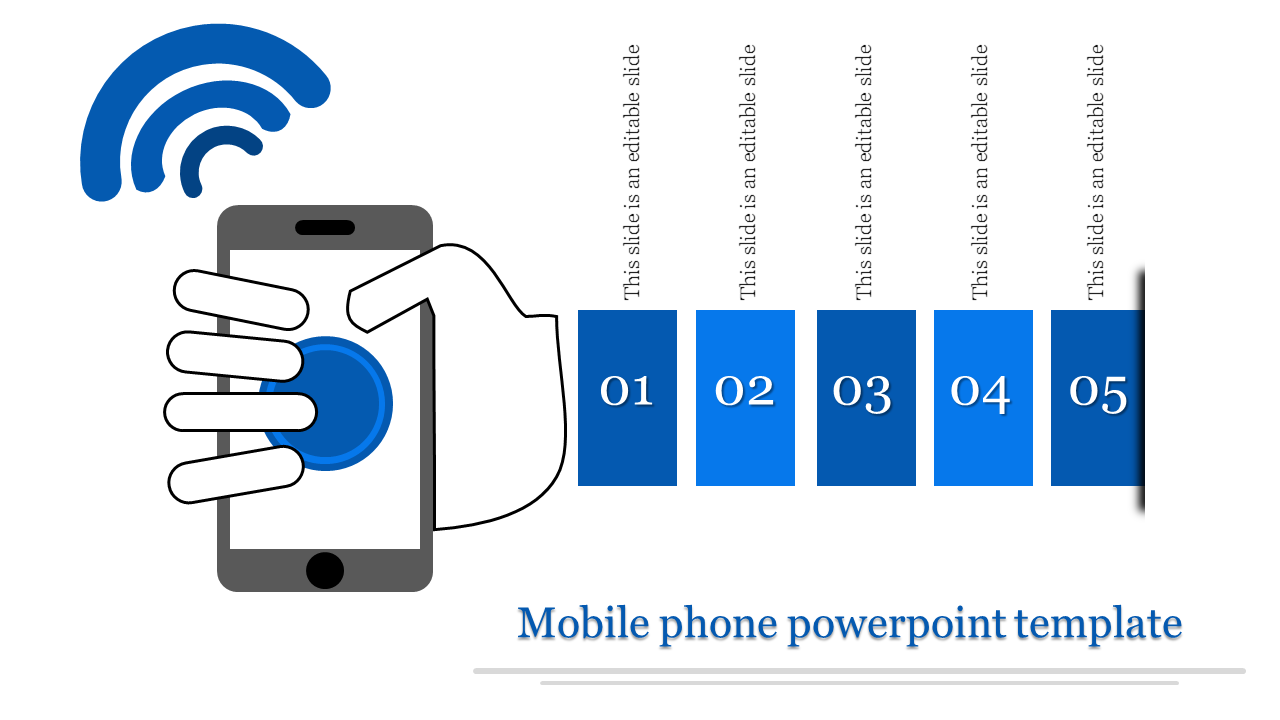 Hand holding a phone with signal waves and five horizontal numbered blue blocks on a white background.