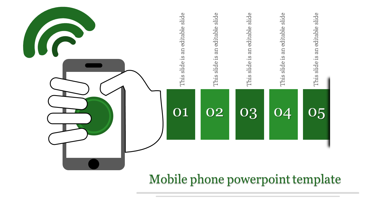 Mobile-themed slide with green tones, a smartphone graphic, signal icon, and five numbered caption areas.