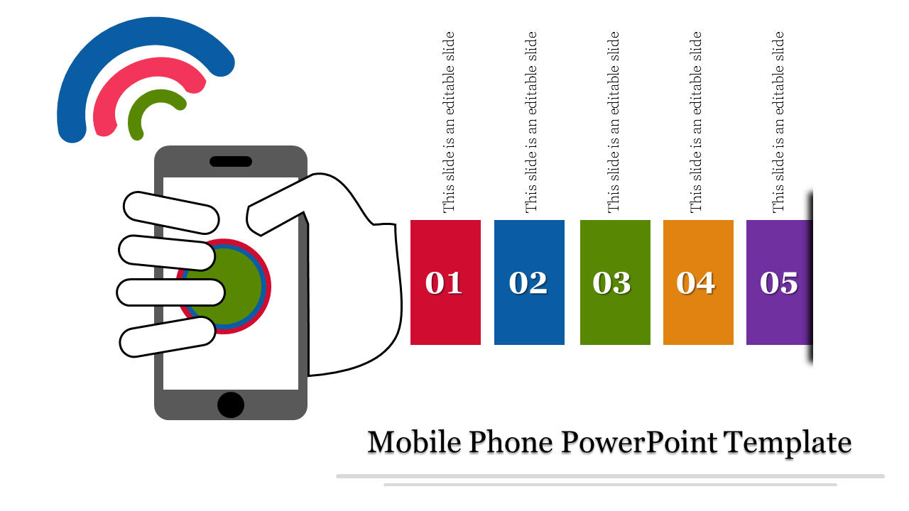 Mobile phone illustration with a hand holding it, displaying circles on the screen, and five numbered caption areas.