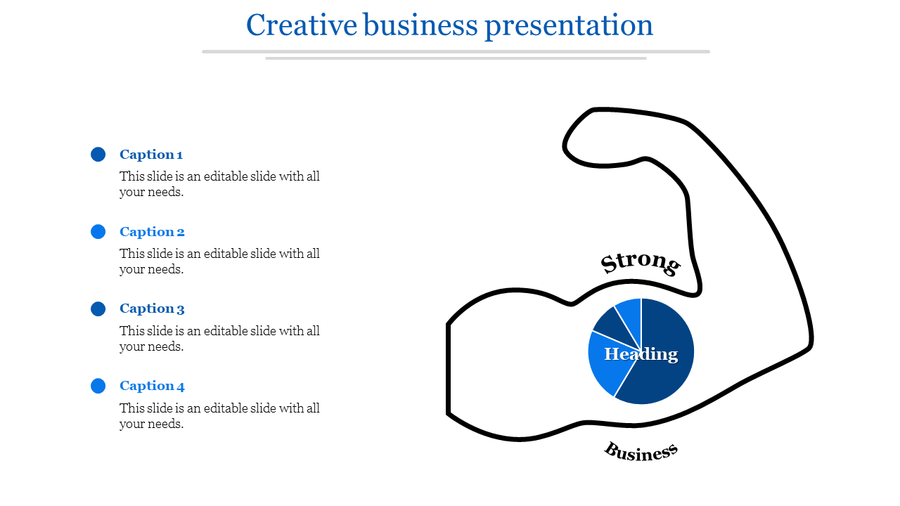 Creative business slide featuring a strong arm illustration and space for four captions.