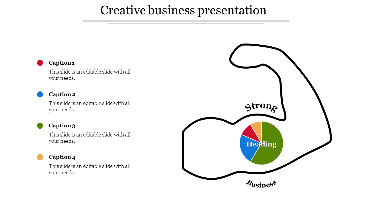 Creative business slide with a muscle arm outline, a segmented pie chart in the bicep, and four color-coded captions.