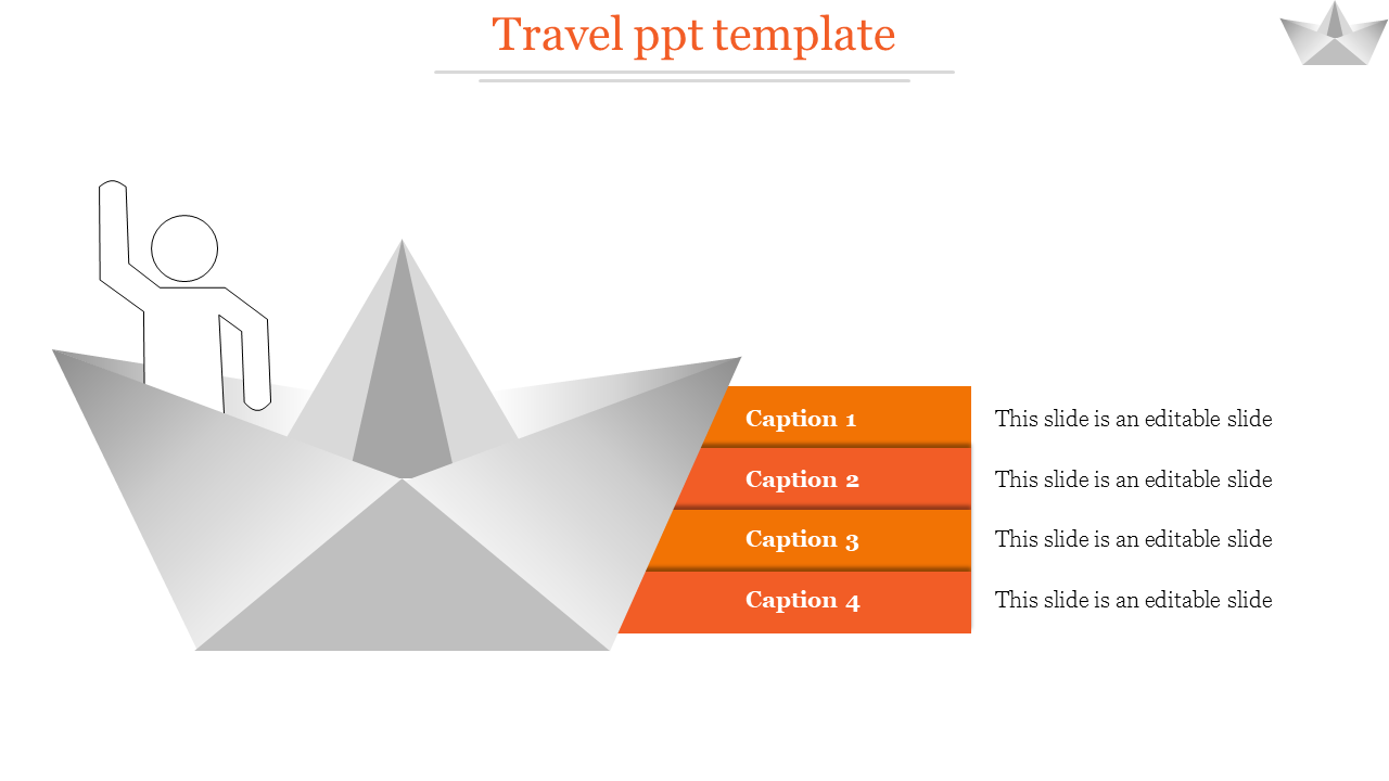 A paper boat graphic with a stick figure waving, and four orange captions aligned on the right with text.