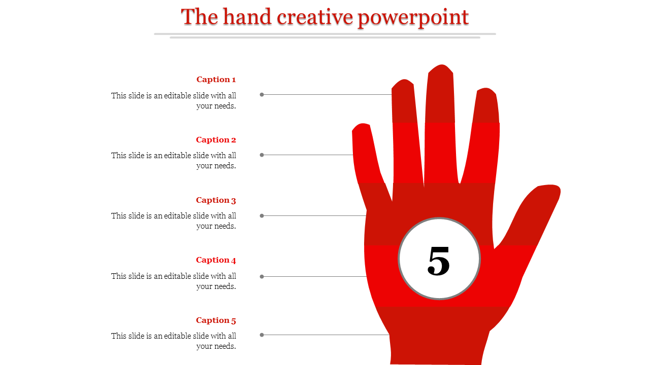 Creative PowerPoint slide featuring a red hand graphic with five sections, each labeled with a caption.