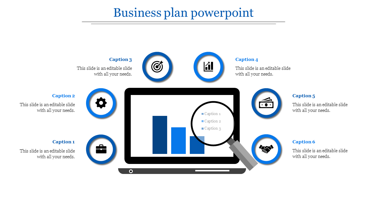 Business plan PPT slide showing a laptop with blue bar charts, magnifying glass, and icons with captions.