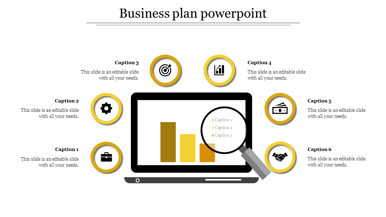 Business plan slide showing a laptop with graphs, icons for business growth, and captions for key aspects.