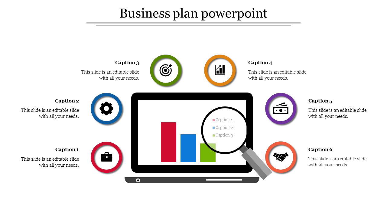 Laptop displaying colorful bar graph at center, surrounded by six circular icons in various colors and captions.