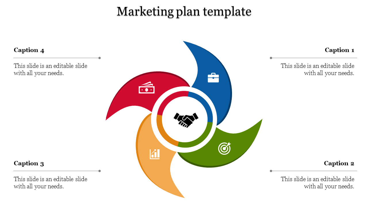 Marketing plan PowerPoint slide featuring a circular flow diagram with four colorful segments with captions.