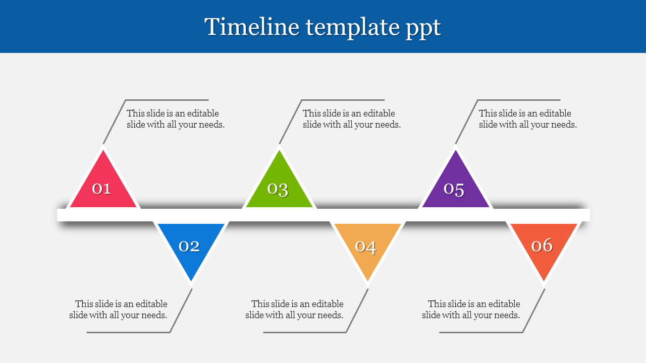 Zigzag timeline design using six colored triangular points on central line, each connected to caption areas.