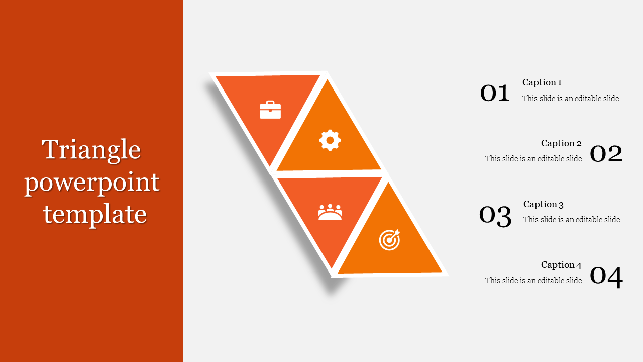 Orange triangle PowerPoint template with icons for business, settings, people, target, and growth with captions.