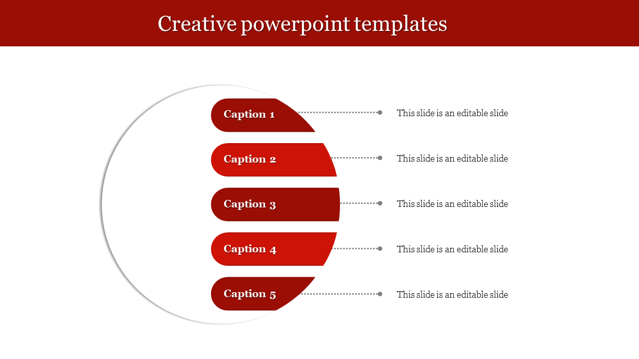 Creative template featuring a half-circle design with five horizontal red segments, each with a caption and dotted connector.