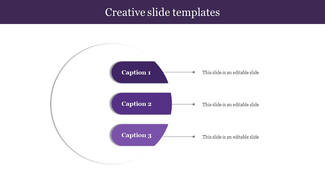 Creative template with a circular white background on the left and three purple banners pointing towards descriptions.