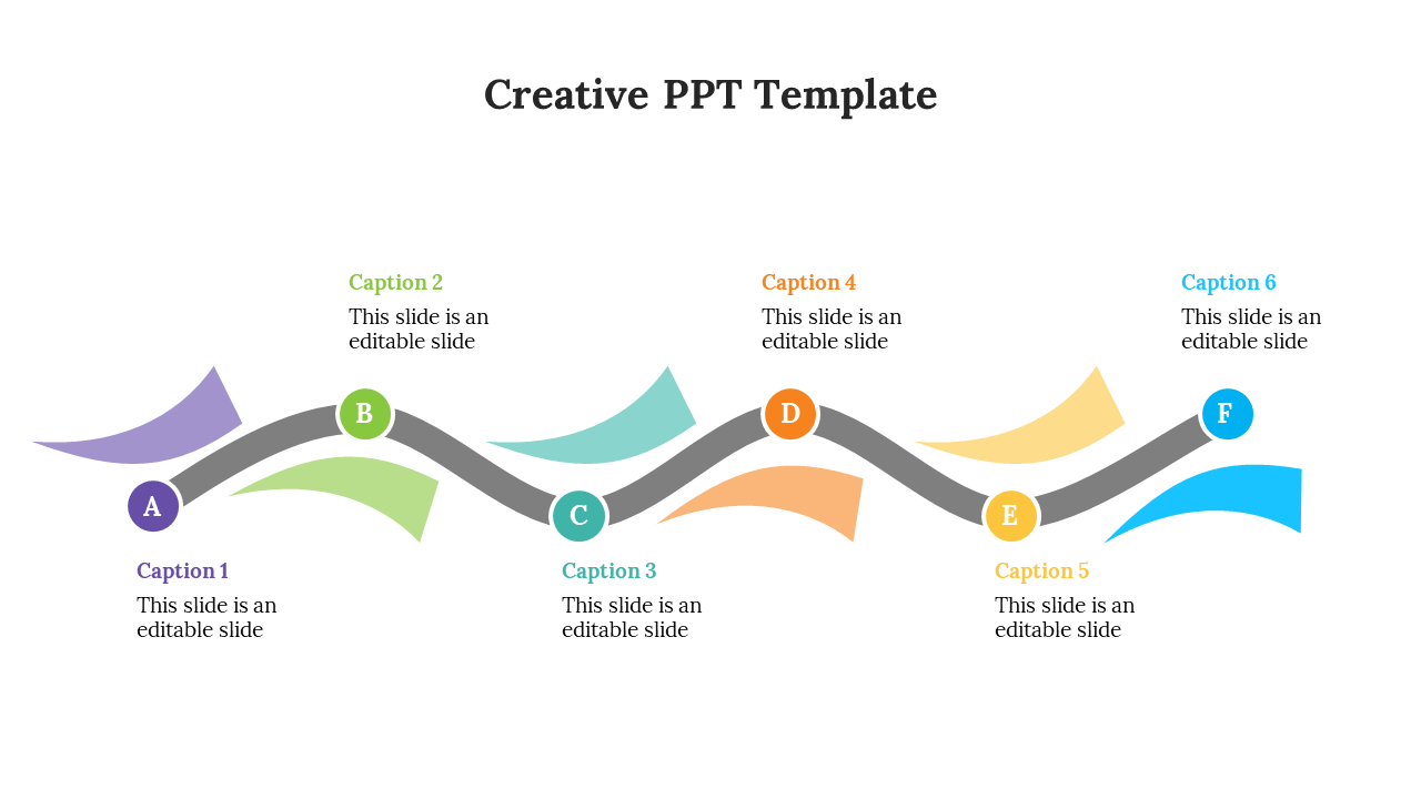 Creative PowerPoint template with six colorful caption boxes connected by curved arrows.