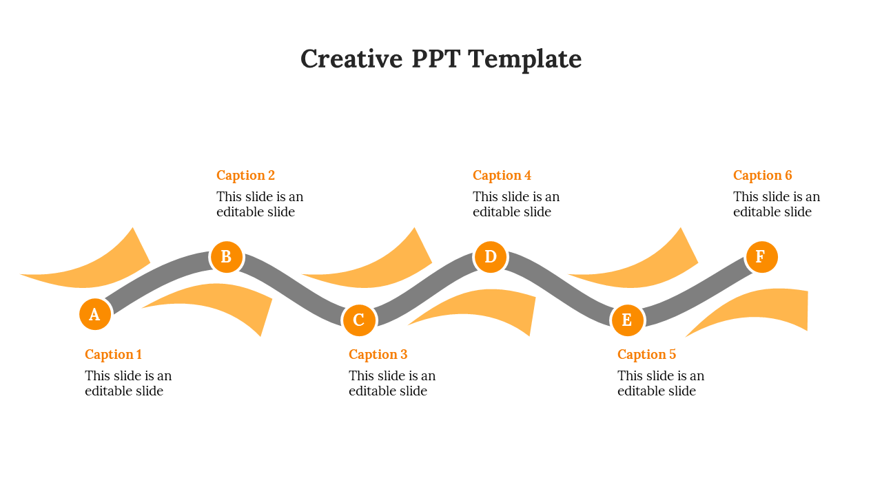 Creative PPT template with six sections connected by colorful arrows with captions.