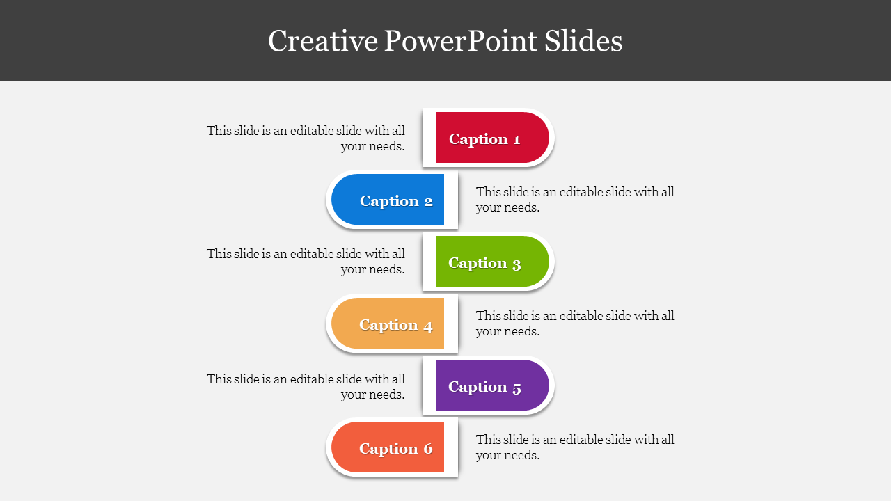 Creative PowerPoint slide with six colorful sections, each containing a caption and text.