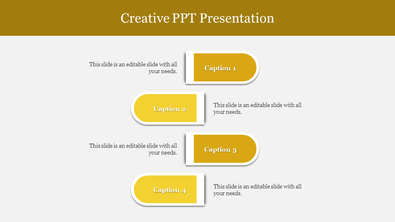 Creative template with four staggered yellow banners, each containing a caption and aligned with explanatory text.