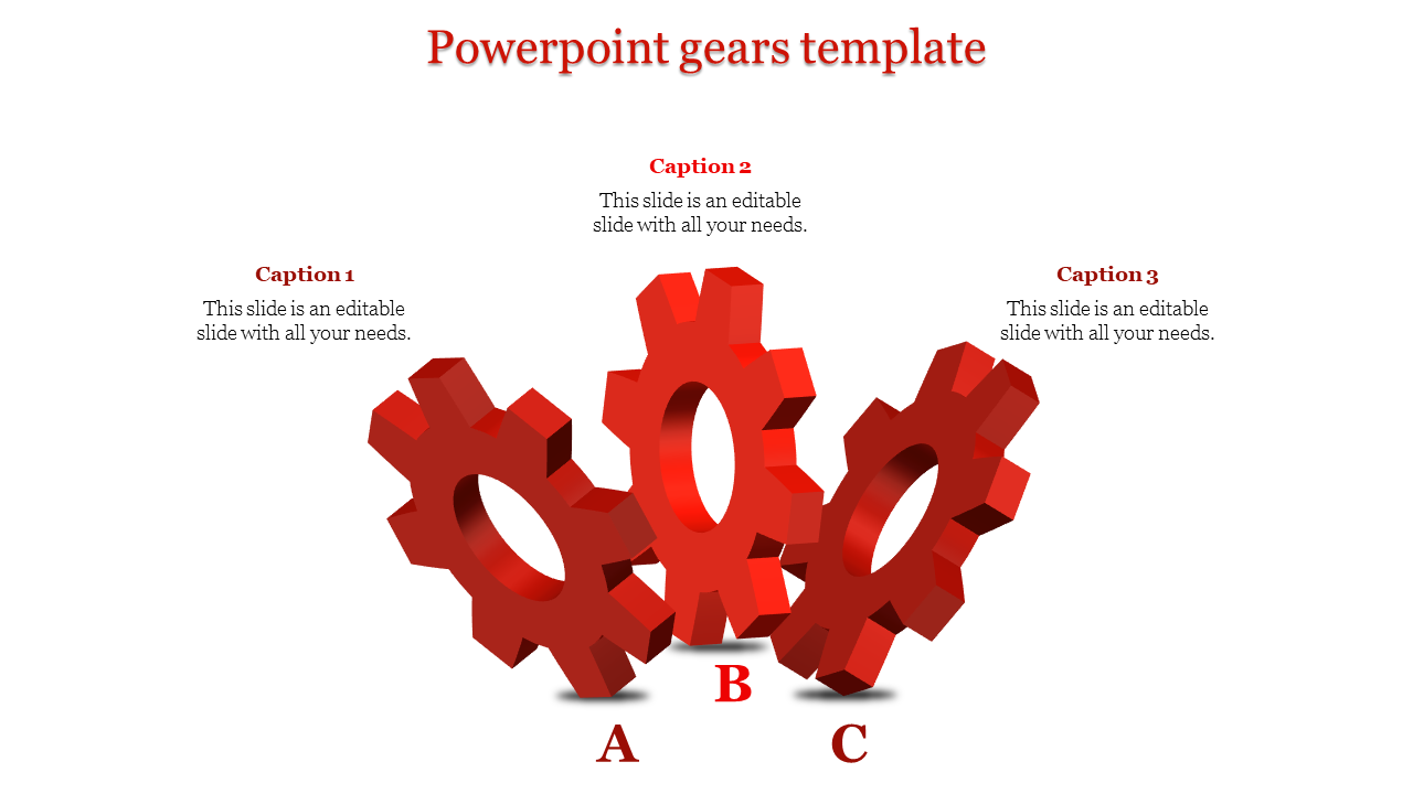 Visual of three red gears in a dynamic arrangement emphazing process flow, each labeled and paired with captions areas.