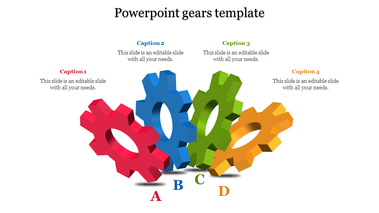 Four interconnected gears in red, blue, green, and yellow, representing different steps or processes with labeled captions.