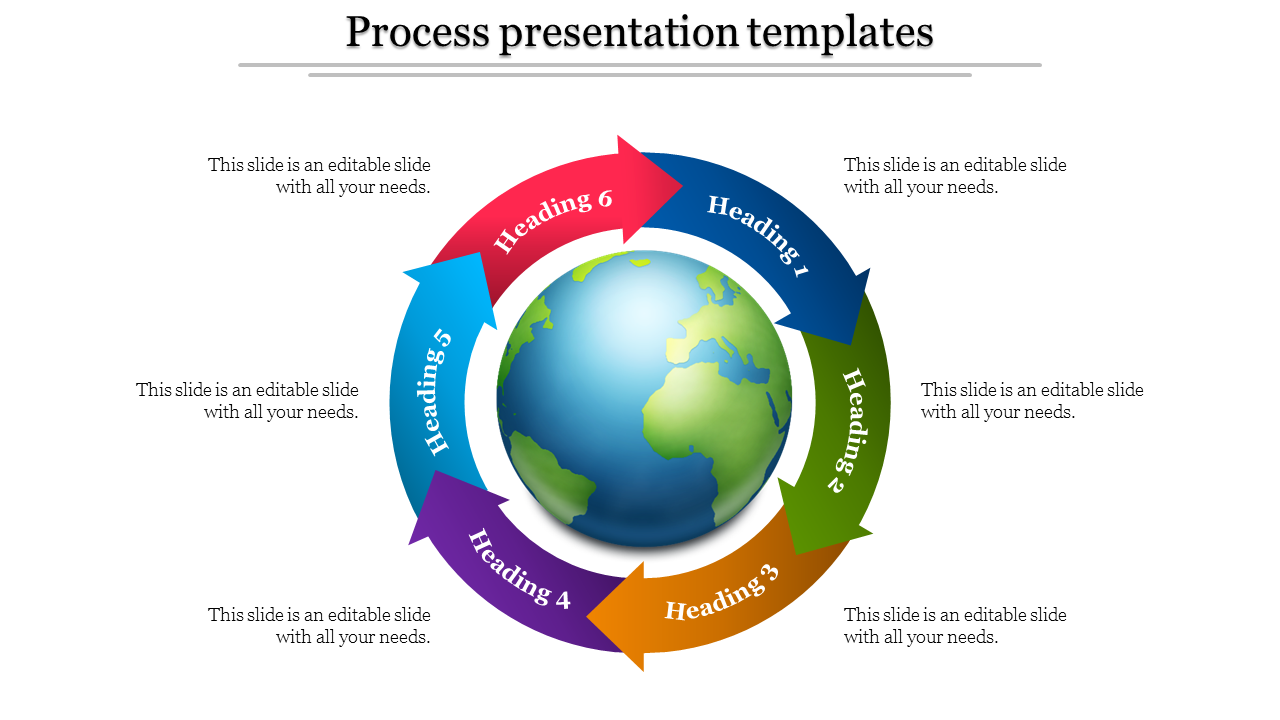 Circular layout with six colorful arrows in blue, green, orange, purple, teal, and red, encircling a globe.