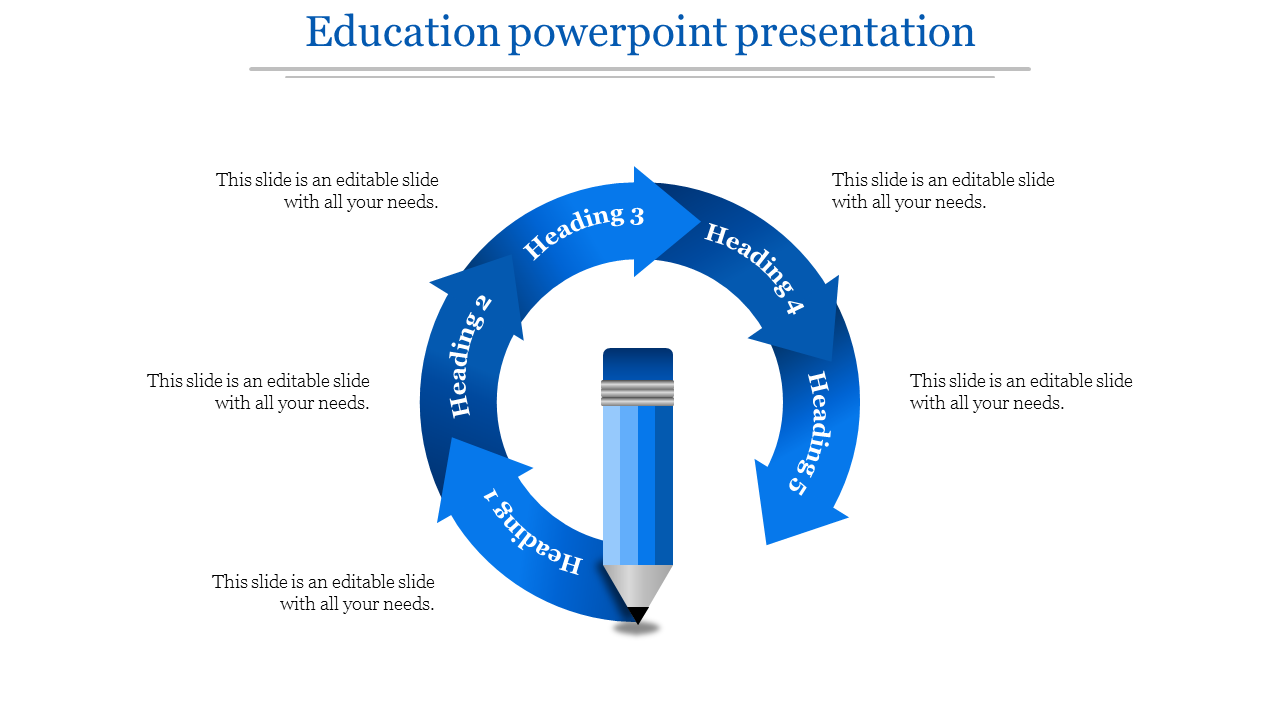 Blue themed education template with a pencil in the center and circular arrows representing five steps and headings.