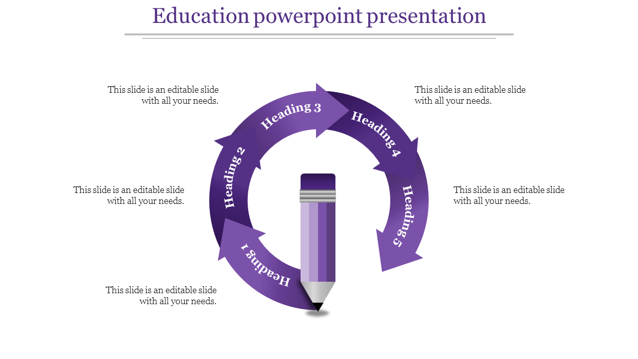 Education themed layout featuring a central purple pencil encircled by five arrows, each labeled with a heading.