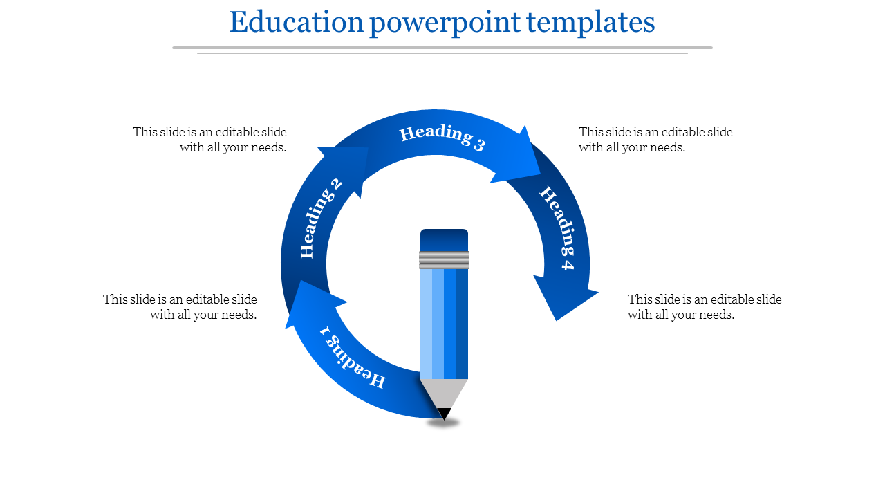 Education PowerPoint template with blue circular arrows and a pencil at the center with placeholder text.