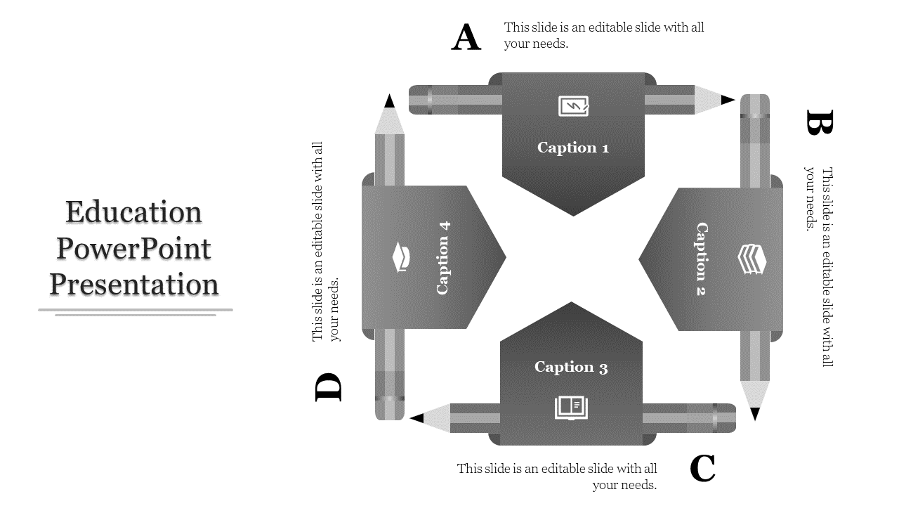 Black and white educational slide with labeled sections for captions, surrounded by pencil icons.