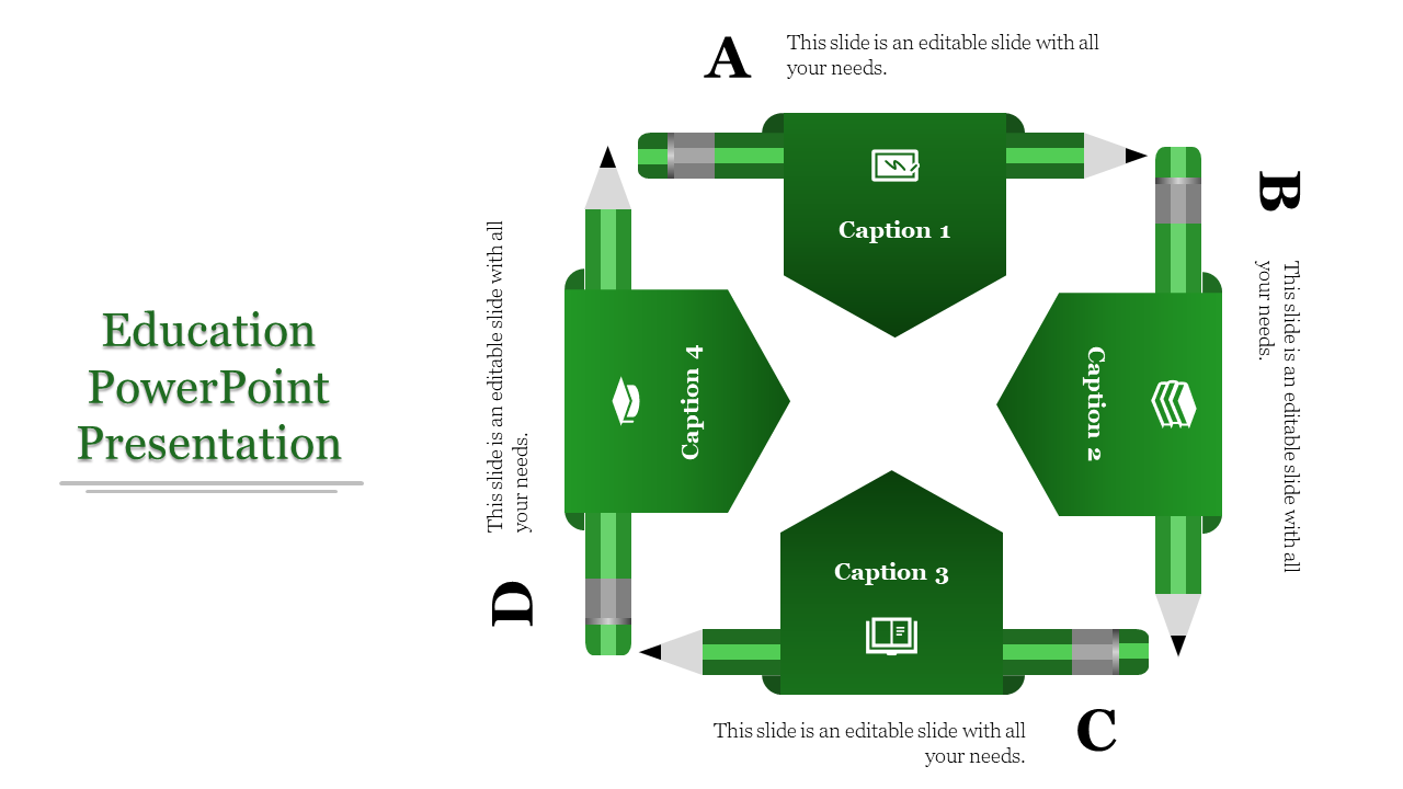 Education slide with four editable blocks, each with a caption placeholder and icons such as a clock and books.