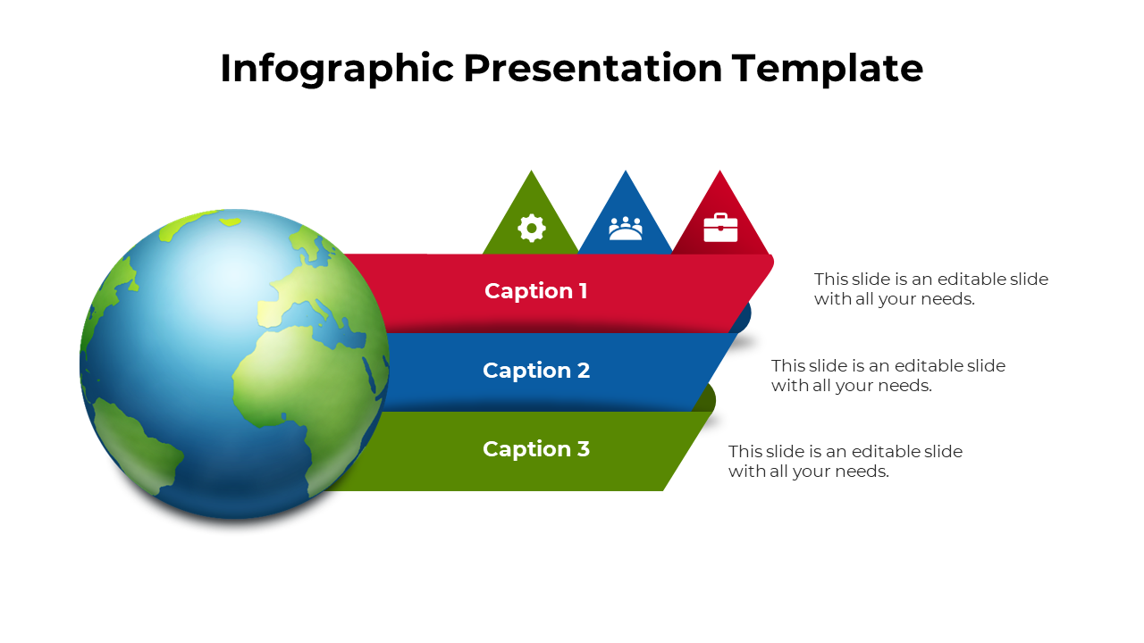 Infographic PPT template with a world globe icon and three color coded sections representing different business concepts.