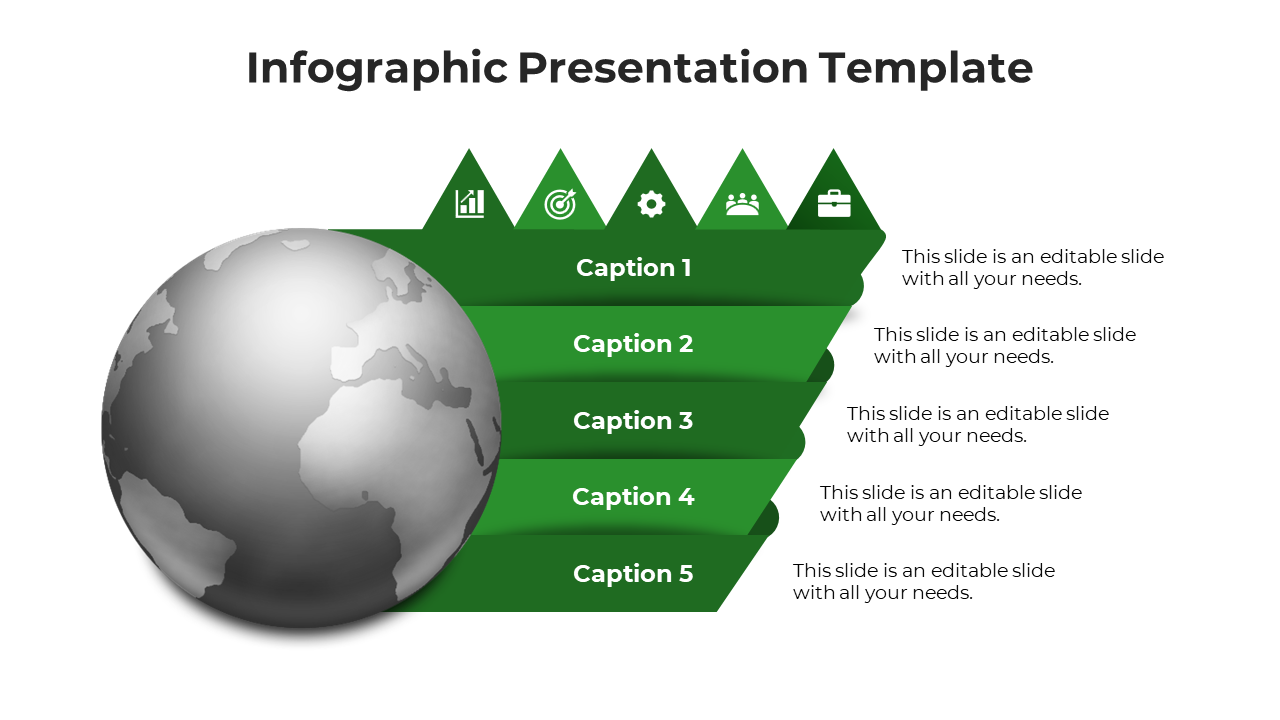 Infographic presentation template featuring a green triangular layout with five sections, each marked by an icon and caption.