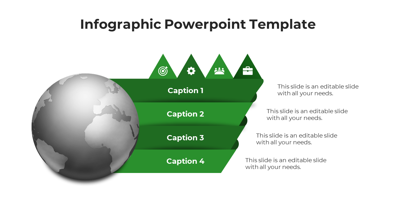 Infographic PPT template with a world globe icon and three green sections representing different business concepts.