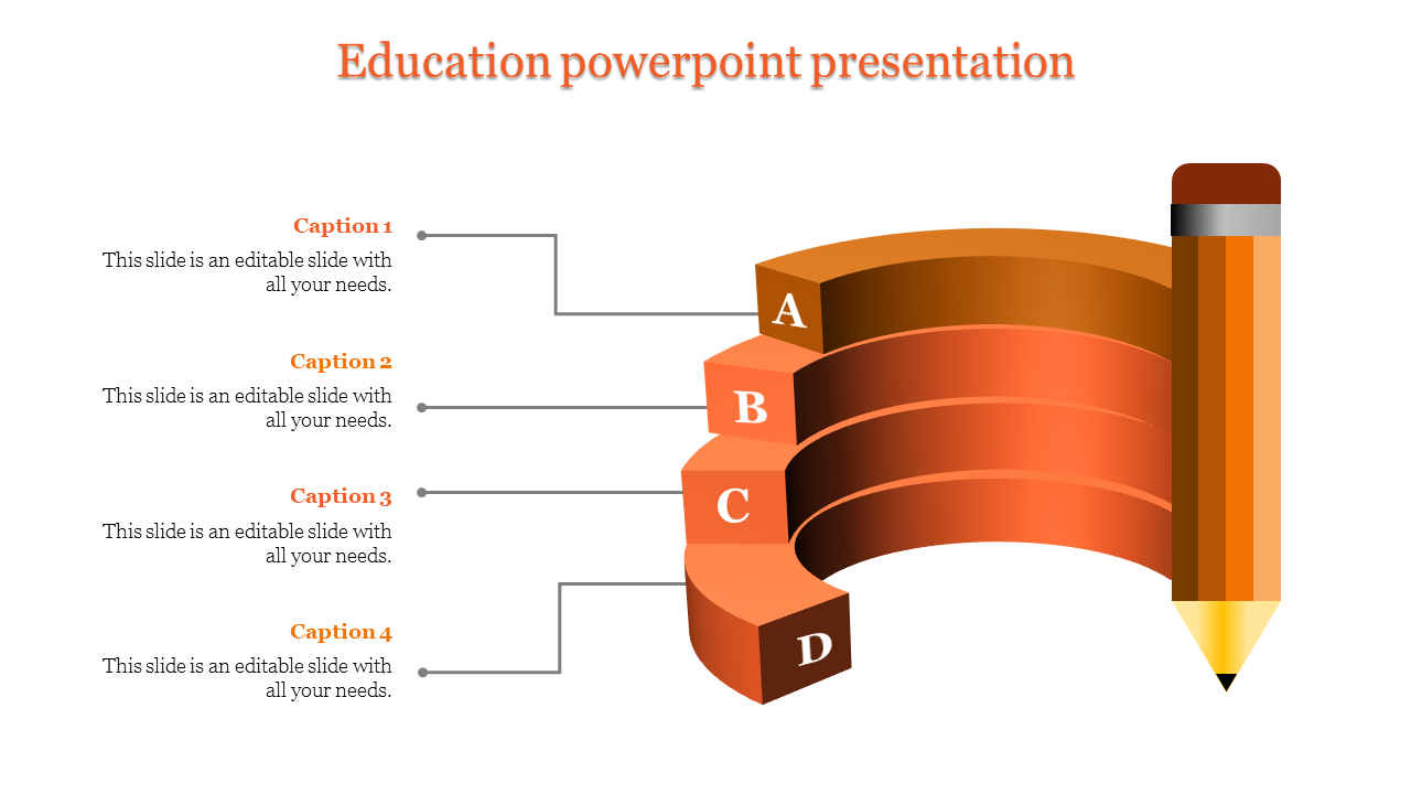 Education PowerPoint slide showing a pencil with layers labeled A, B, C, and D for various concepts.